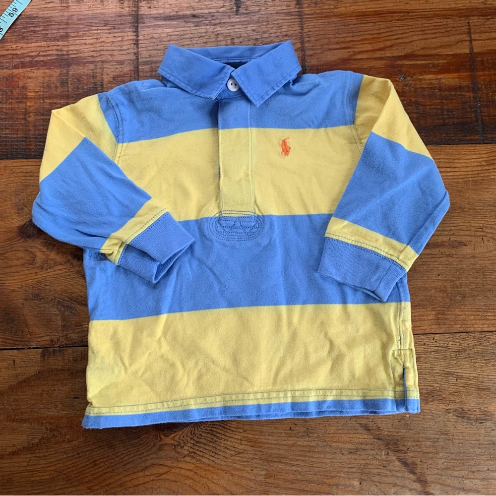Polo by Ralph Lauren Kids Rugby Striped Blue and Yellow long Sleeve Polo Shirt